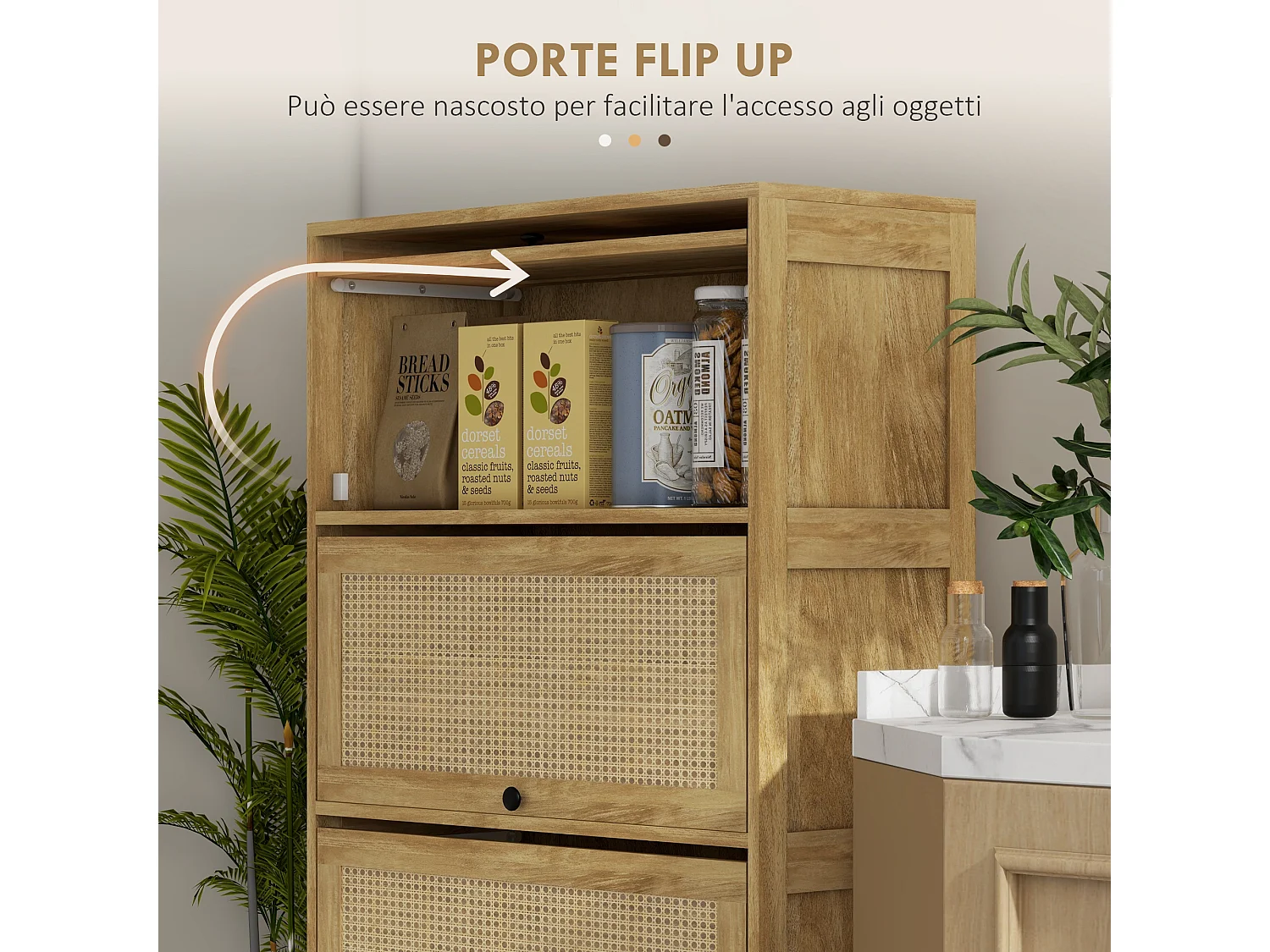 Mobile cucina stile boho con 4 ante a ribalta in truciolato e rattan