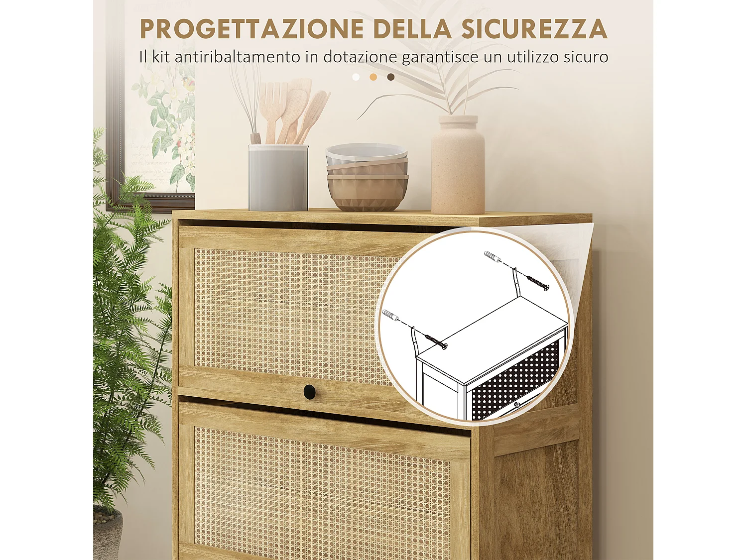 Mobile cucina stile boho con 4 ante a ribalta in truciolato e rattan