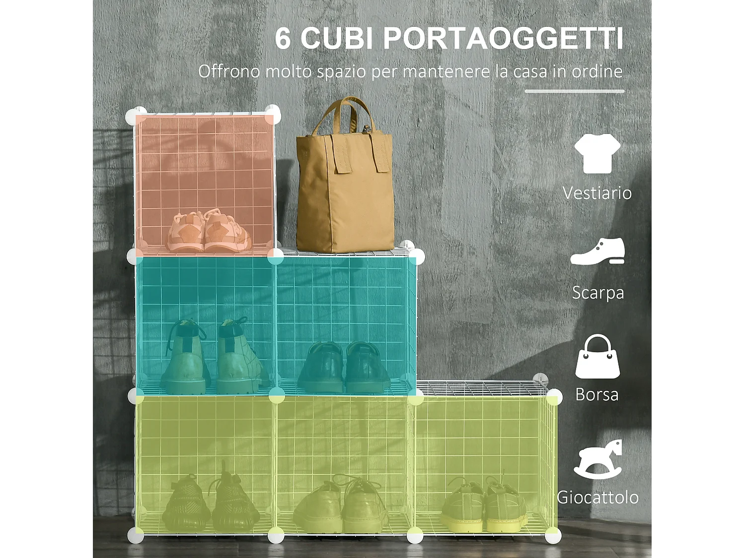 Mobile scarpiera modulabile salvaspazio 6 cubi in acciaio e pp