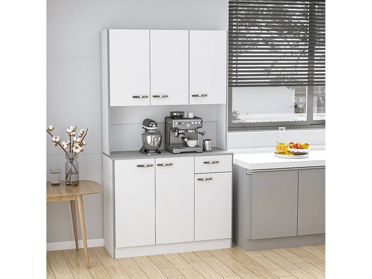Credenza moderna da cucina con cassetti e ante in legno bianco grigio