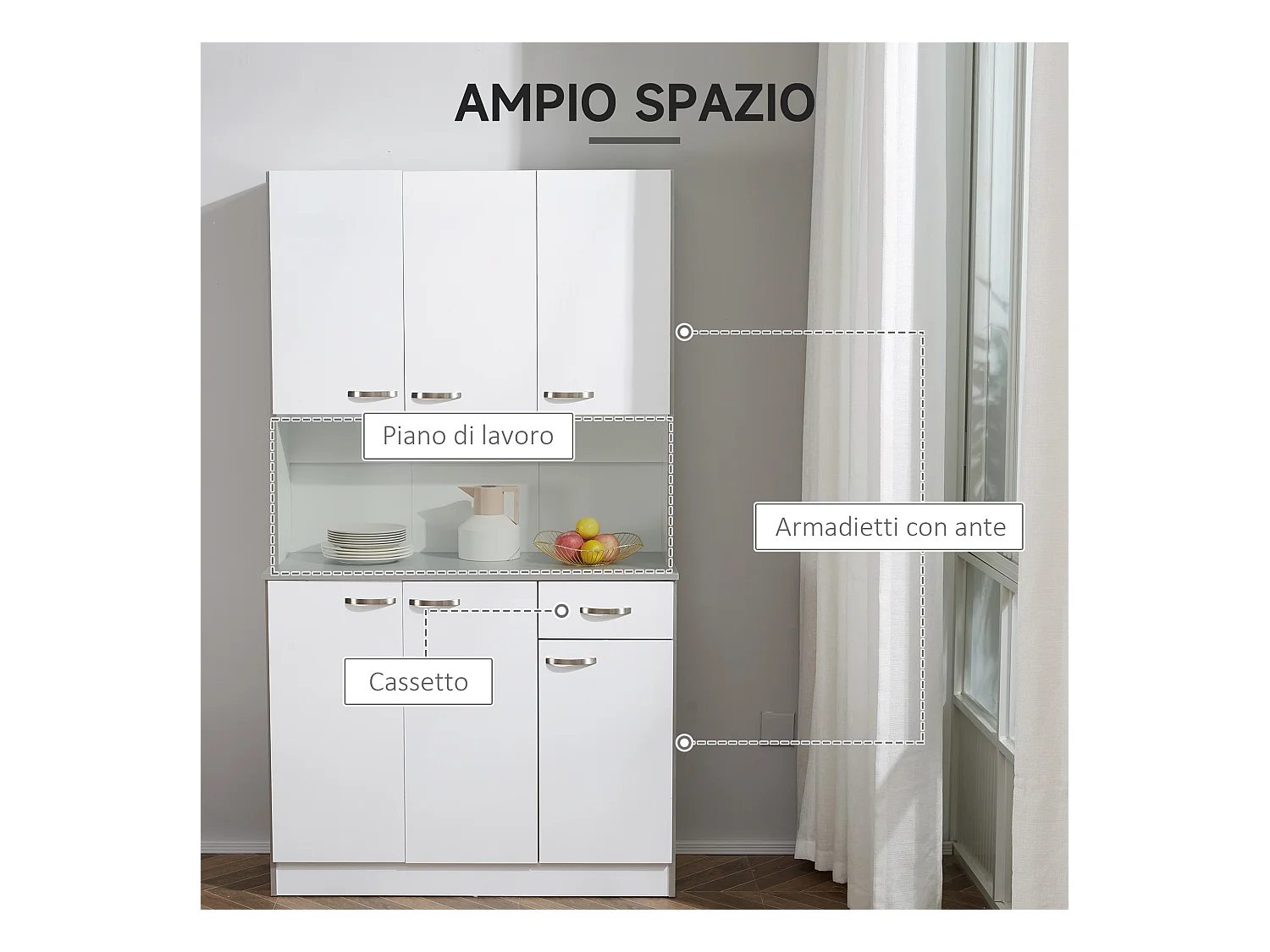 Credenza moderna da cucina con cassetti e ante in legno bianco grigio