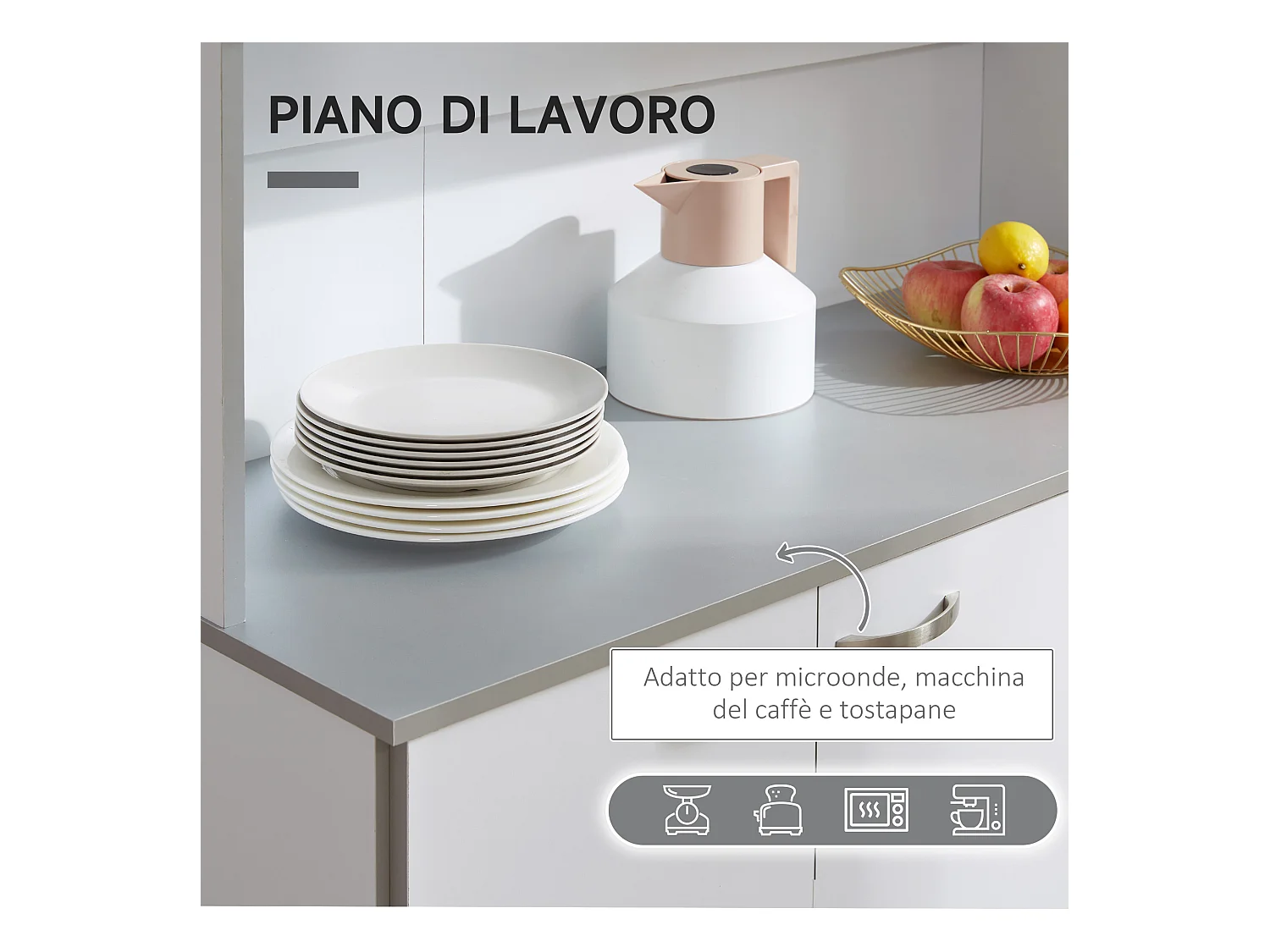 Credenza moderna da cucina con cassetti e ante in legno bianco grigio