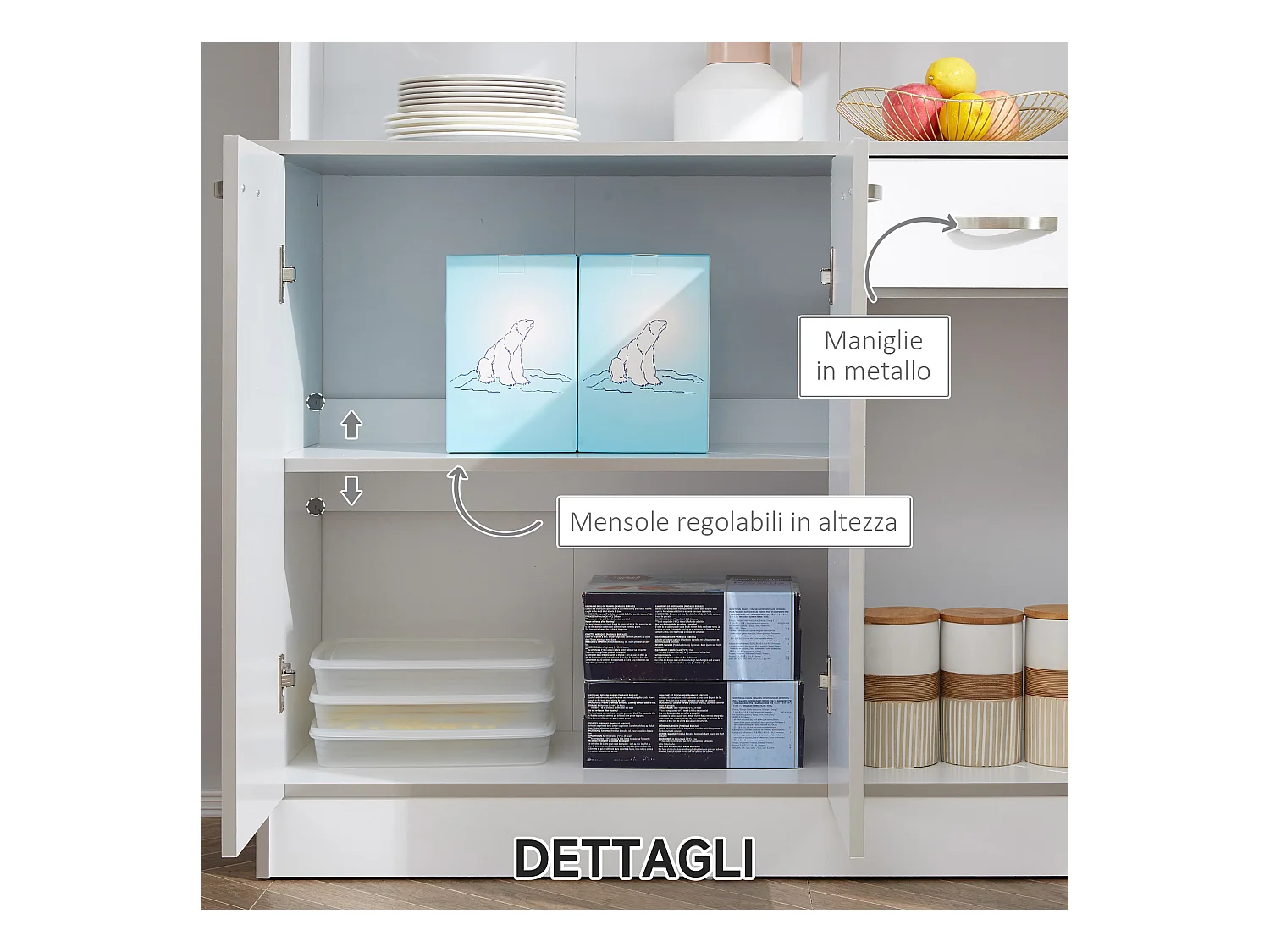 Credenza moderna da cucina con cassetti e ante in legno bianco grigio