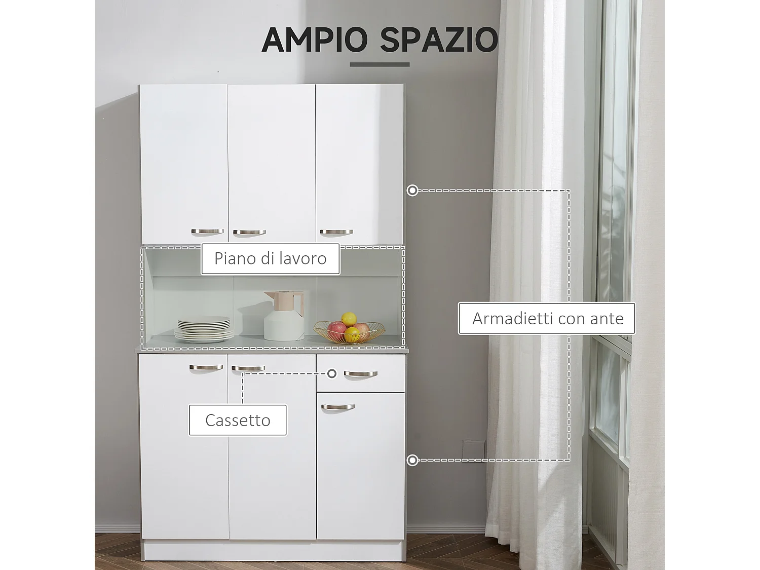 Credenza moderna da cucina con cassetti e ante in legno bianco grigio