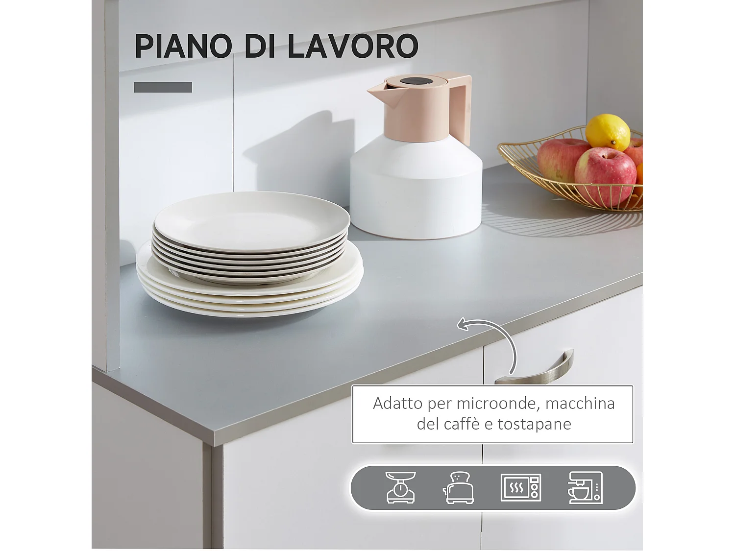 Credenza moderna da cucina con cassetti e ante in legno bianco grigio