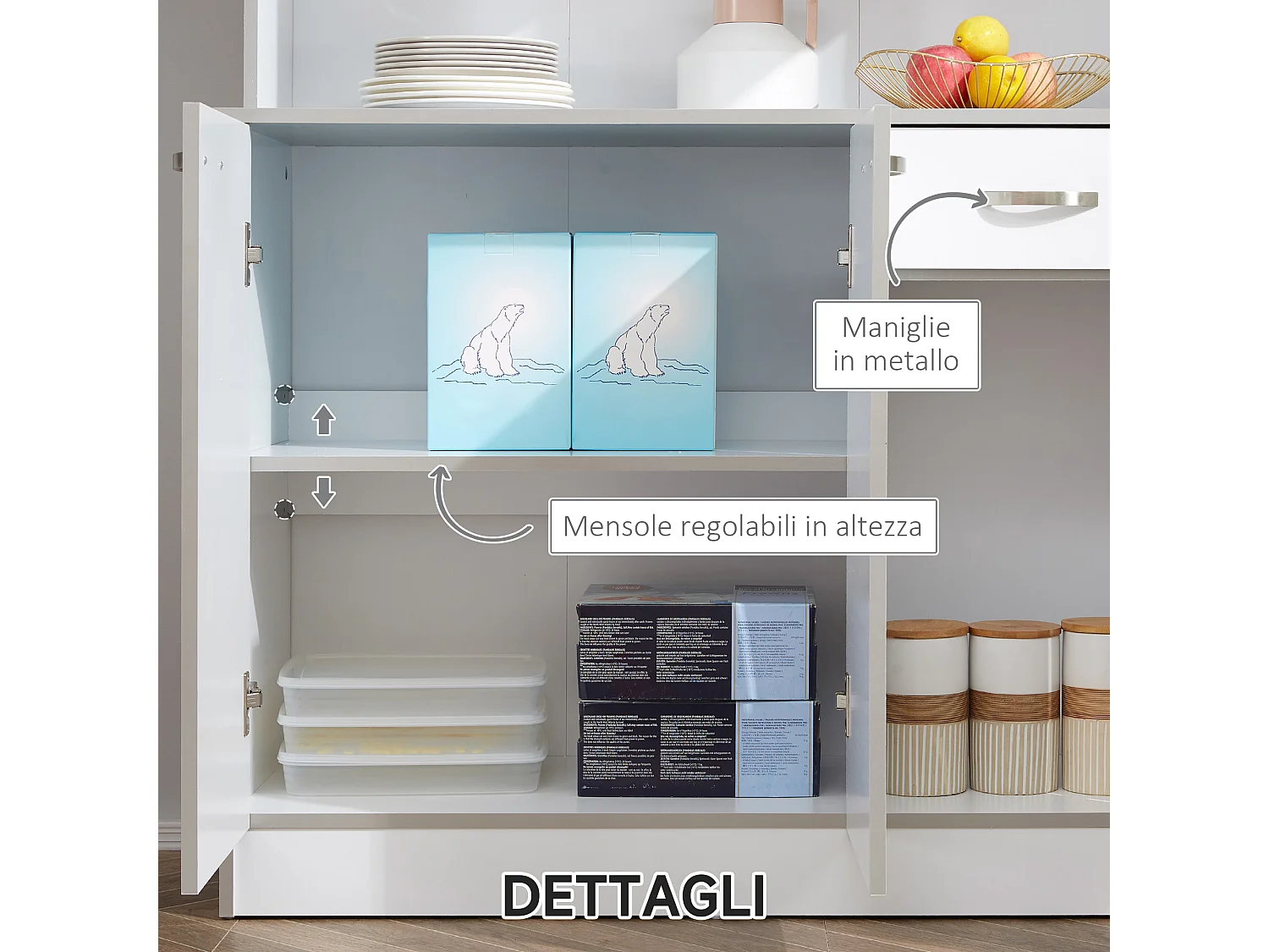 Credenza moderna da cucina con cassetti e ante in legno bianco grigio