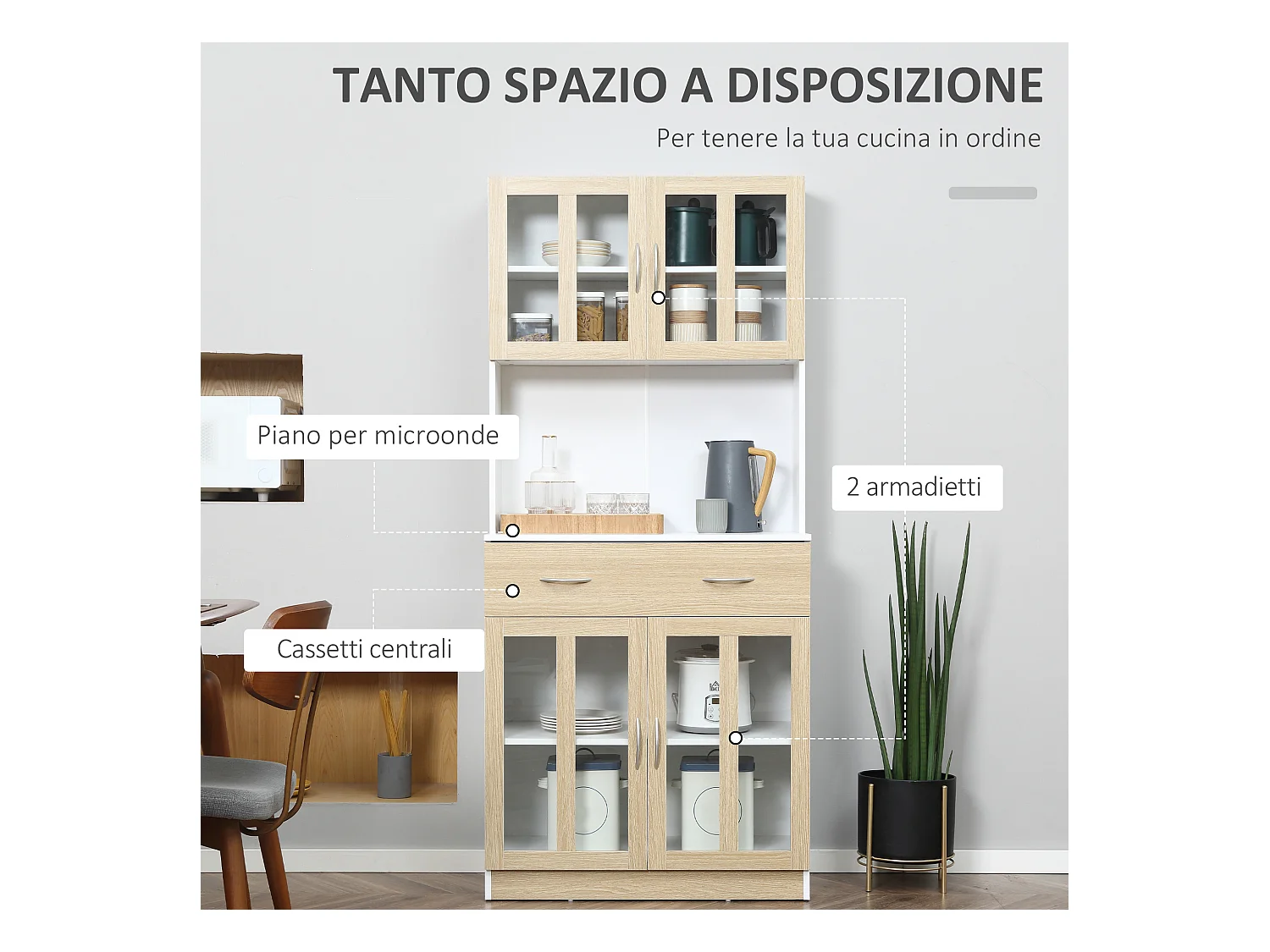 Mobile cucina in legno armadietti con ante in vetro 2 cassetti