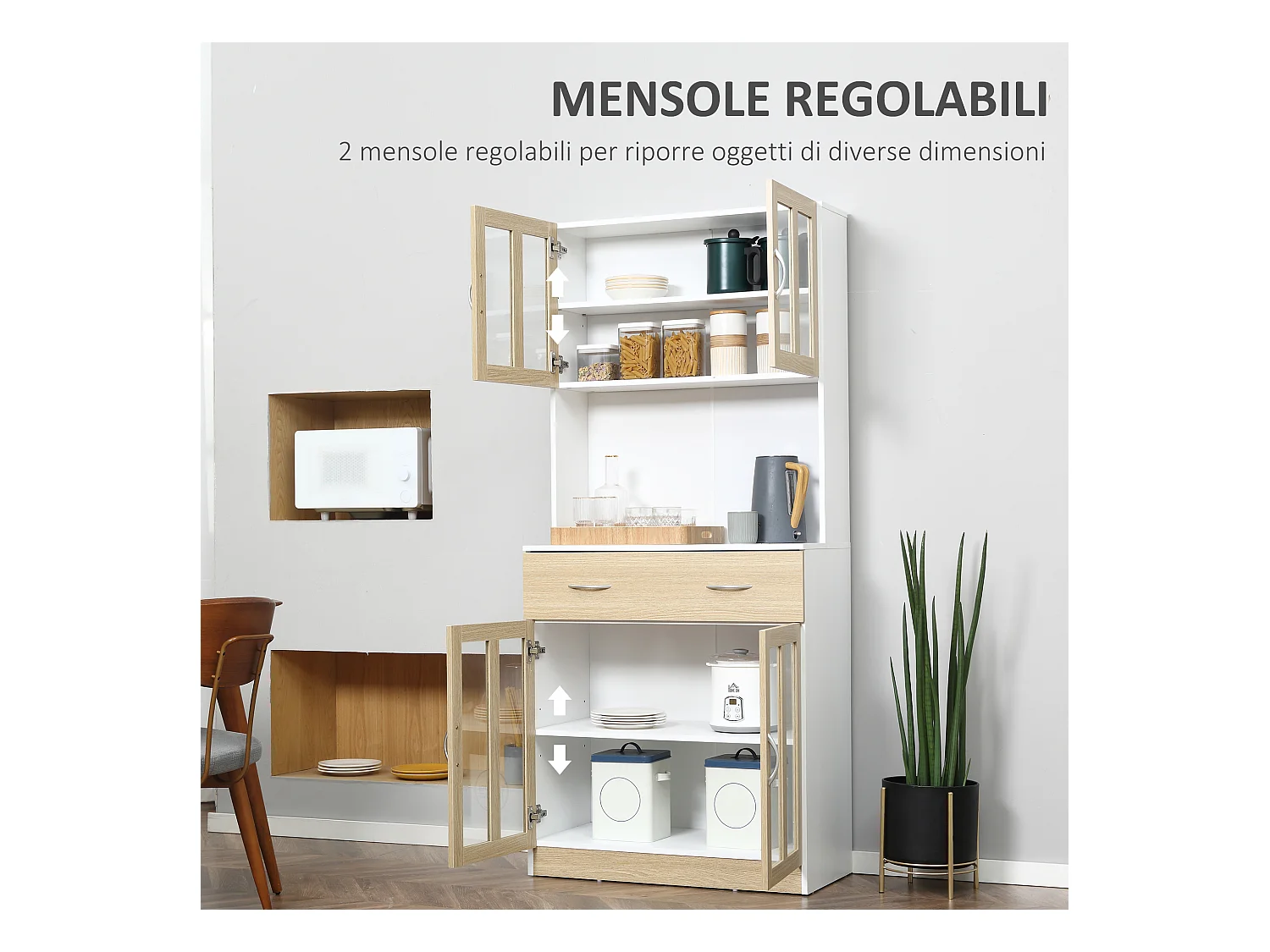 Mobile cucina in legno armadietti con ante in vetro 2 cassetti