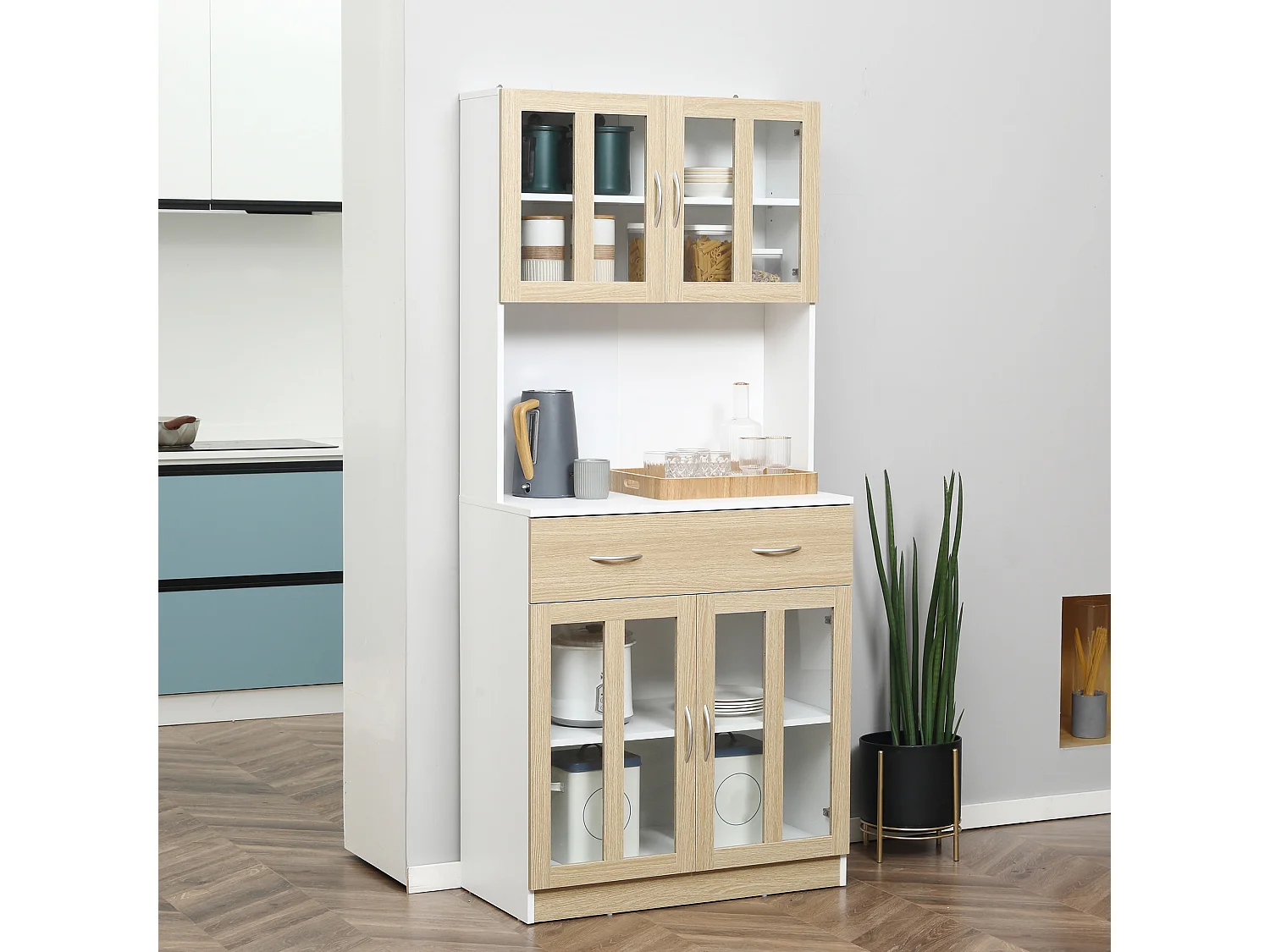 Mobile cucina in legno armadietti con ante in vetro 2 cassetti