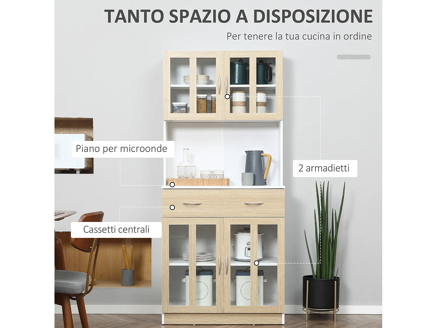 Mobile cucina in legno armadietti con ante in vetro 2 cassetti