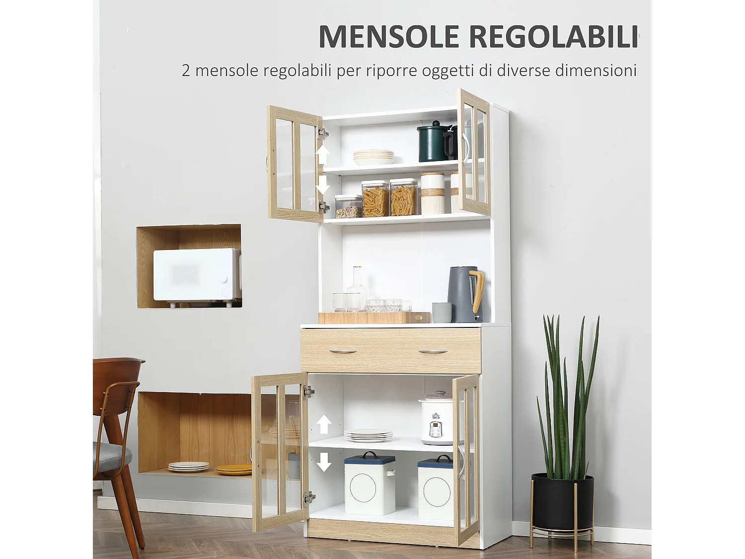 Mobile cucina in legno armadietti con ante in vetro 2 cassetti