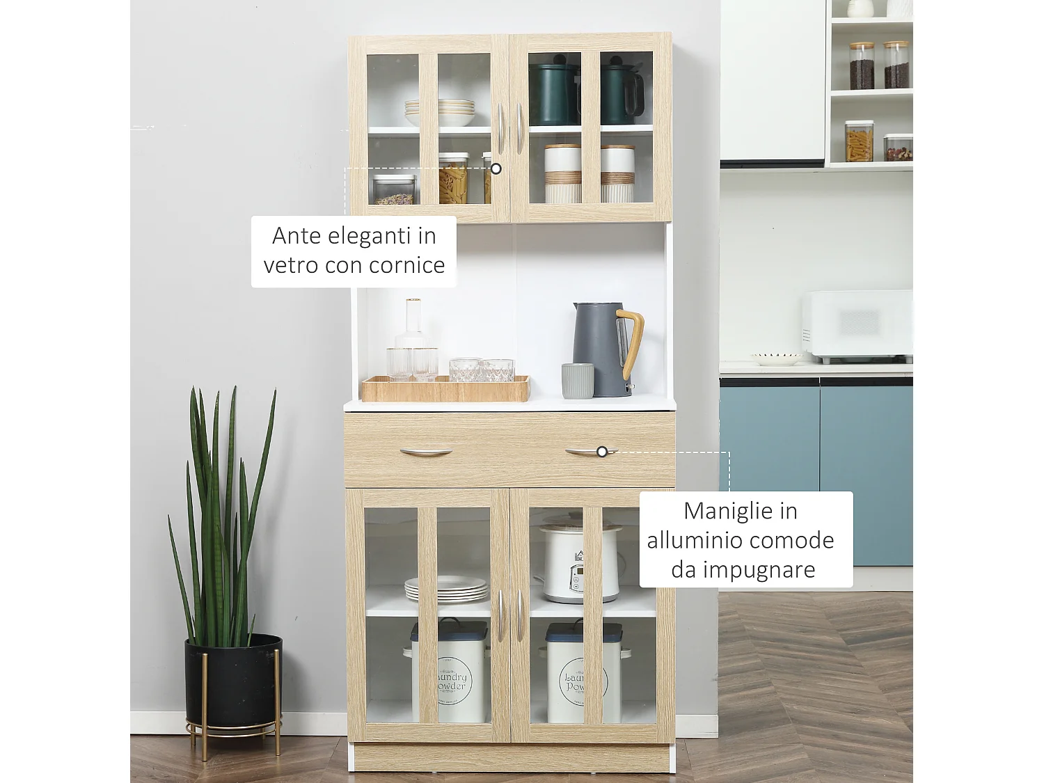 Mobile cucina in legno armadietti con ante in vetro 2 cassetti