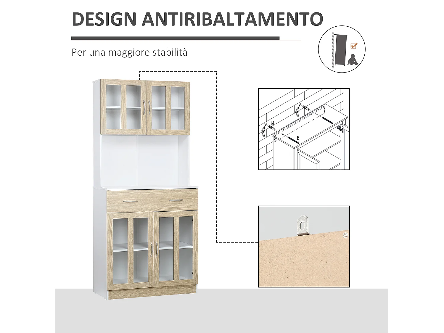 Mobile cucina in legno armadietti con ante in vetro 2 cassetti