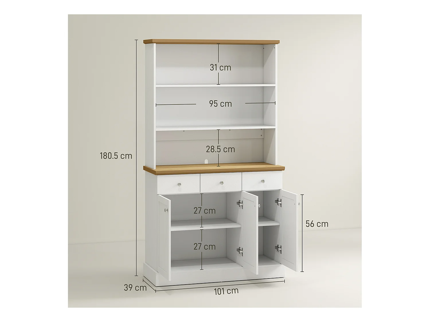 Dispensa cucina con 3 ripiani aperti 3 cassetti 2 armadietti in legno