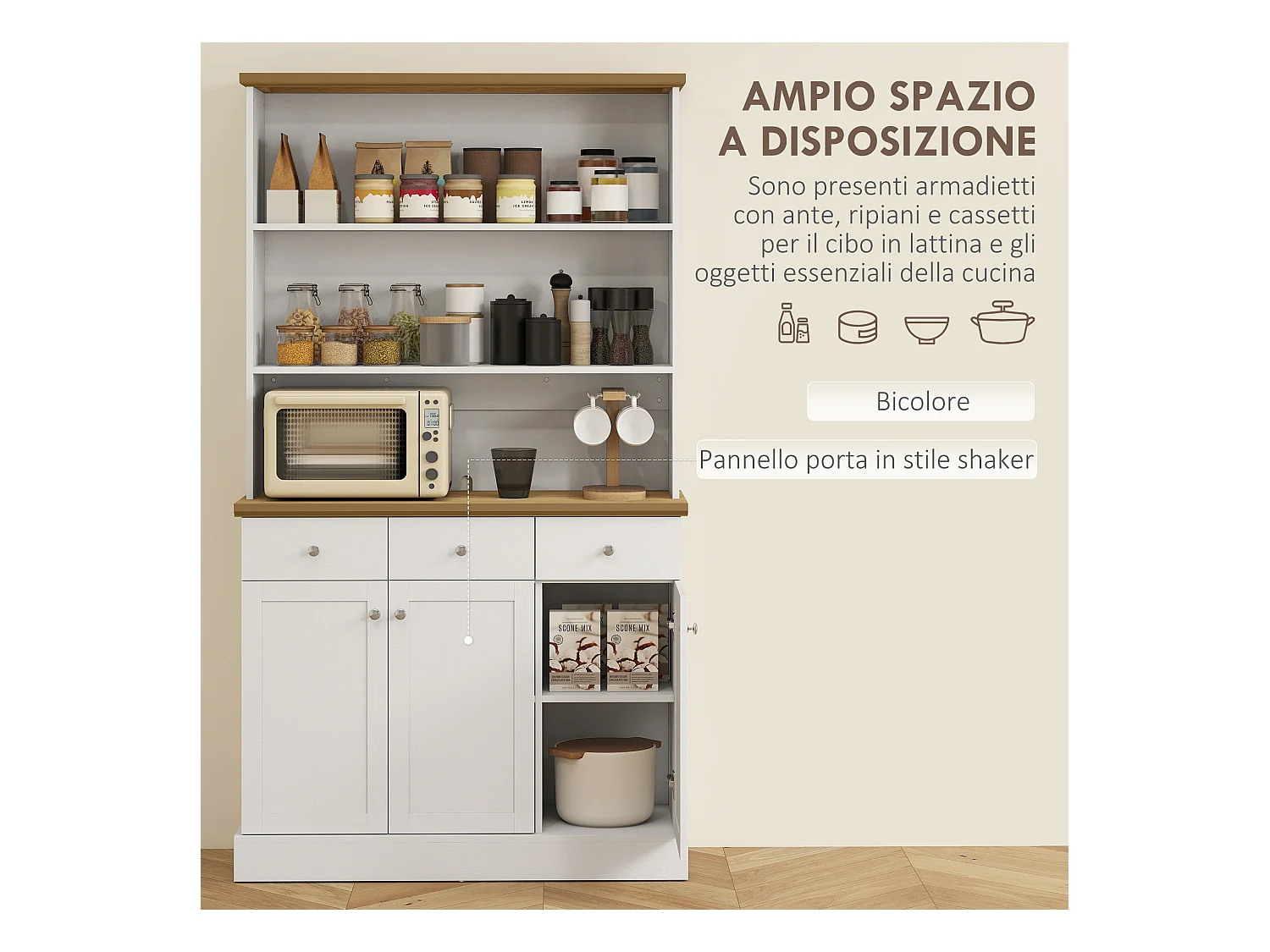 Dispensa cucina con 3 ripiani aperti 3 cassetti 2 armadietti in legno