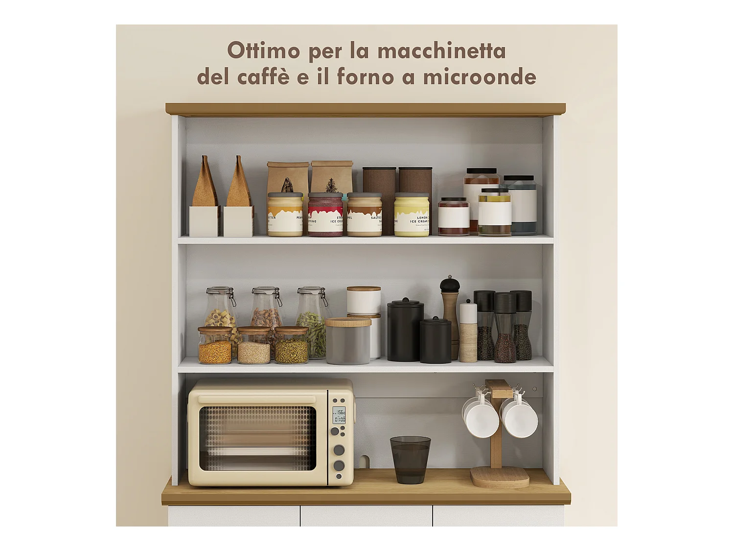 Dispensa cucina con 3 ripiani aperti 3 cassetti 2 armadietti in legno