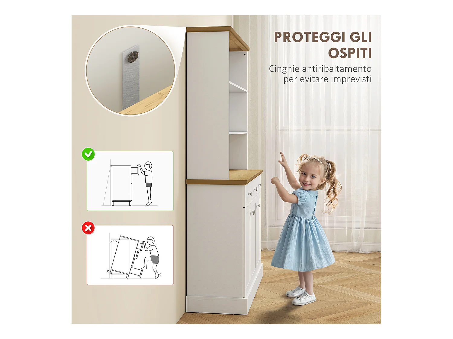 Dispensa cucina con 3 ripiani aperti 3 cassetti 2 armadietti in legno