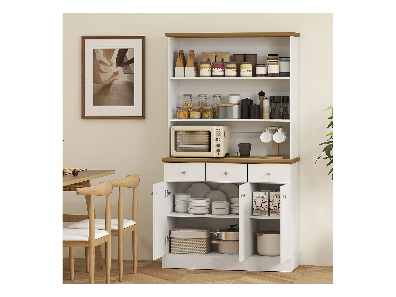 Dispensa cucina con 3 ripiani aperti 3 cassetti 2 armadietti in legno