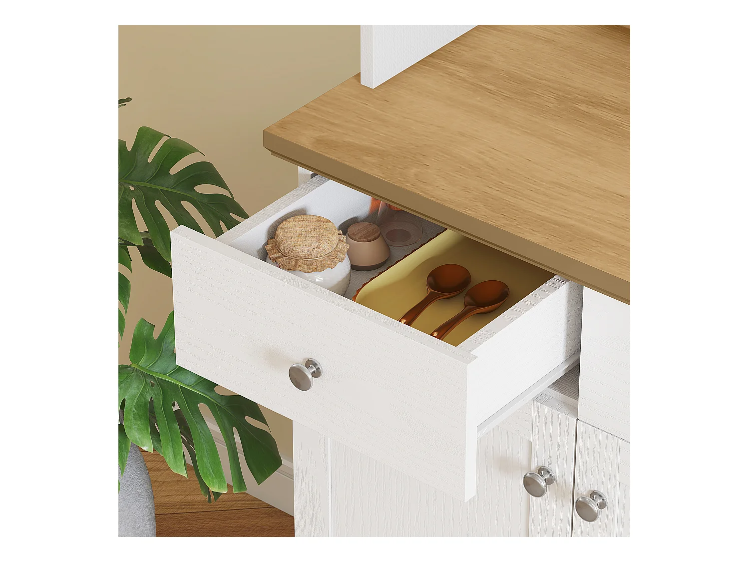 Dispensa cucina con 3 ripiani aperti 3 cassetti 2 armadietti in legno