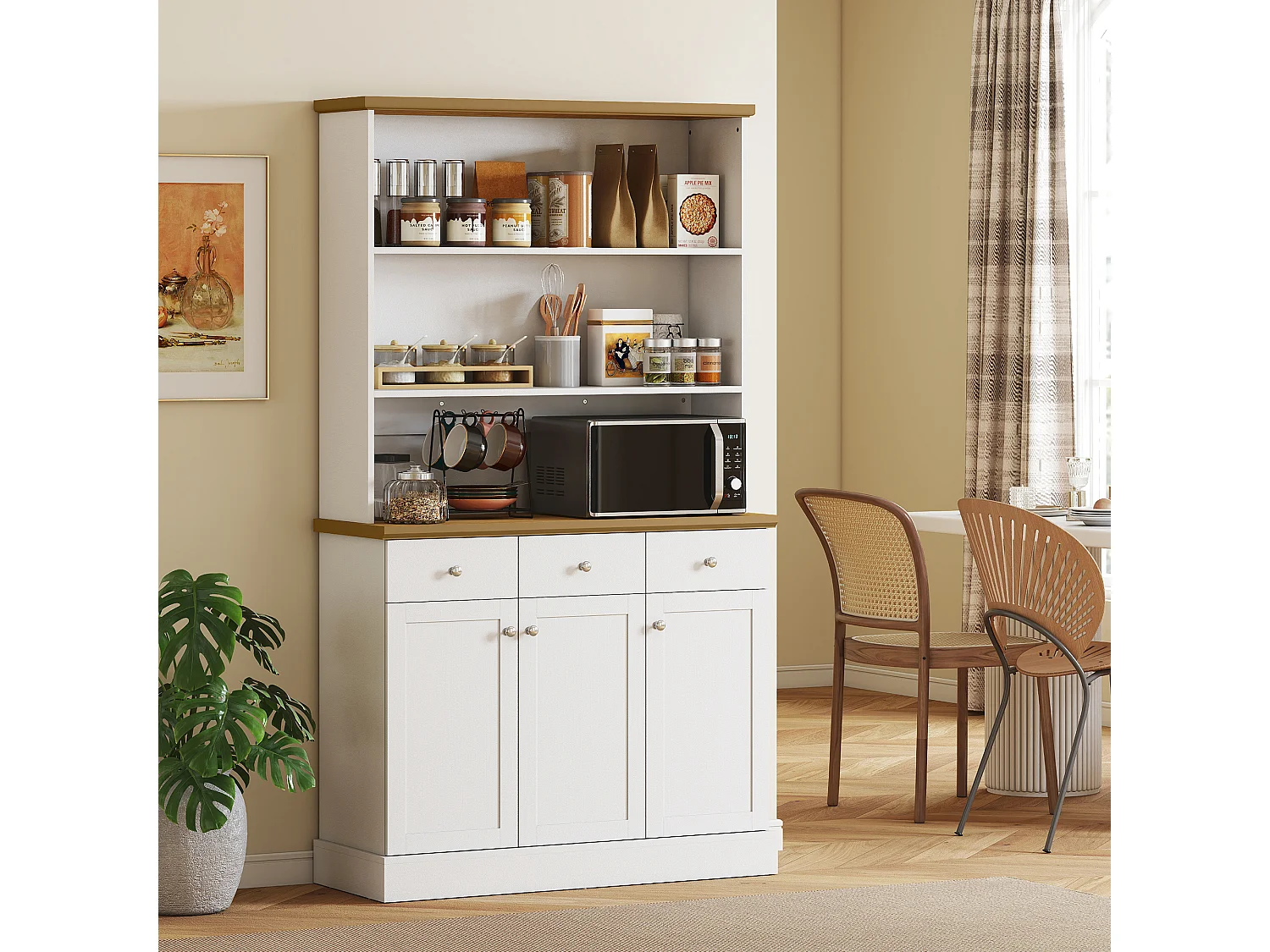 Dispensa cucina con 3 ripiani aperti 3 cassetti 2 armadietti in legno