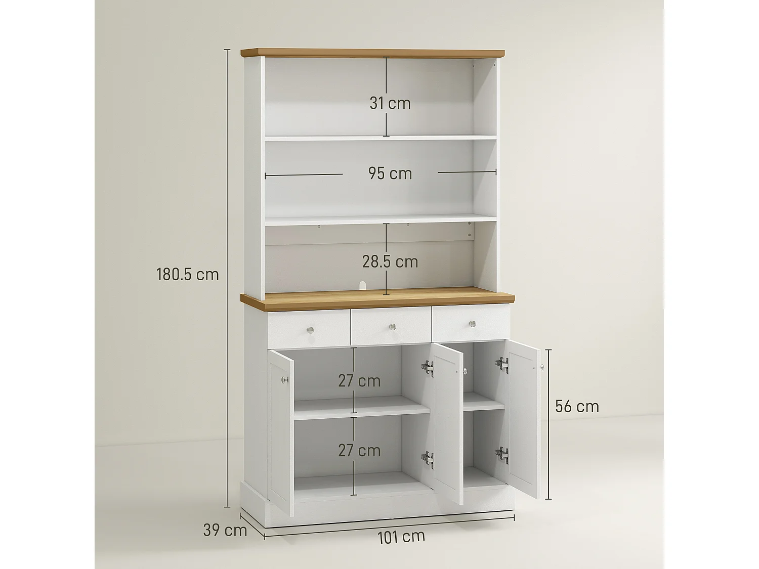 Dispensa cucina con 3 ripiani aperti 3 cassetti 2 armadietti in legno