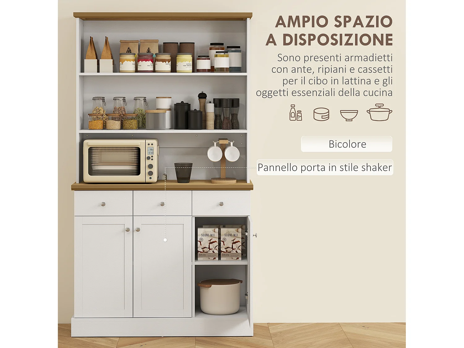 Dispensa cucina con 3 ripiani aperti 3 cassetti 2 armadietti in legno