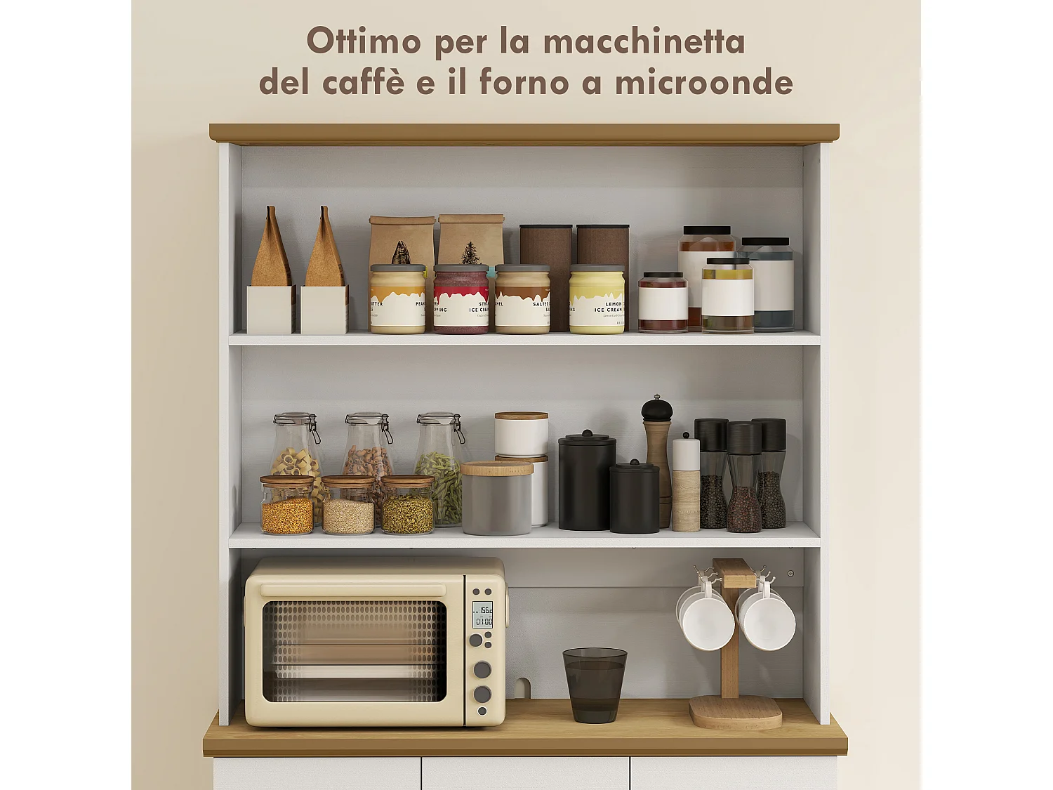 Dispensa cucina con 3 ripiani aperti 3 cassetti 2 armadietti in legno
