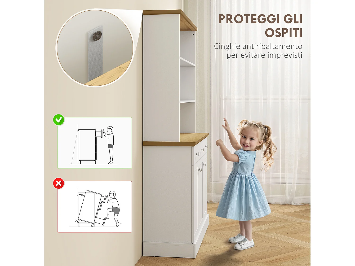 Dispensa cucina con 3 ripiani aperti 3 cassetti 2 armadietti in legno