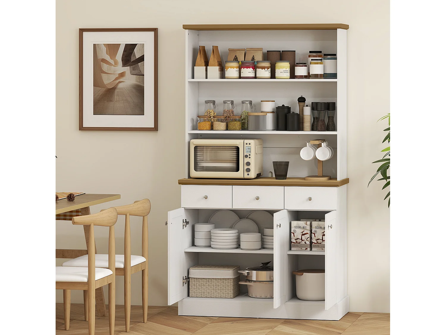 Dispensa cucina con 3 ripiani aperti 3 cassetti 2 armadietti in legno