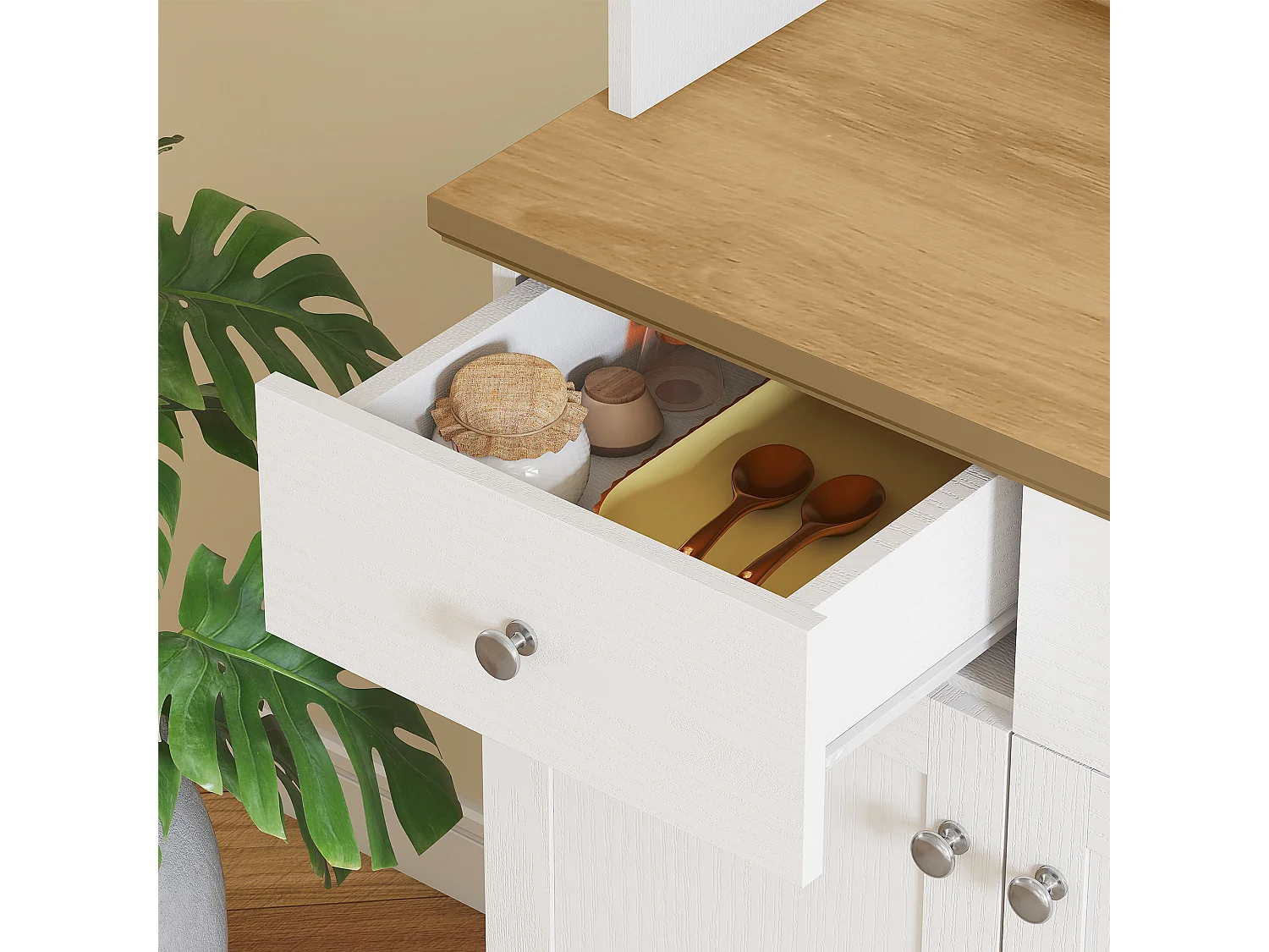 Dispensa cucina con 3 ripiani aperti 3 cassetti 2 armadietti in legno