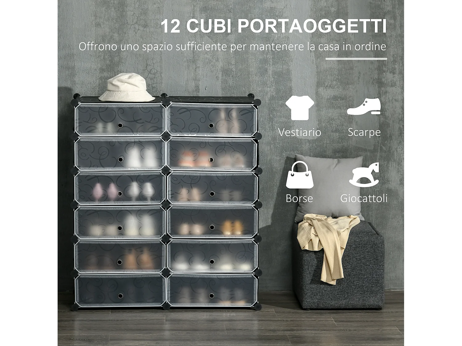 Mobile scarpiera modulabile salvaspazio 12 cubi in acciaio e pp