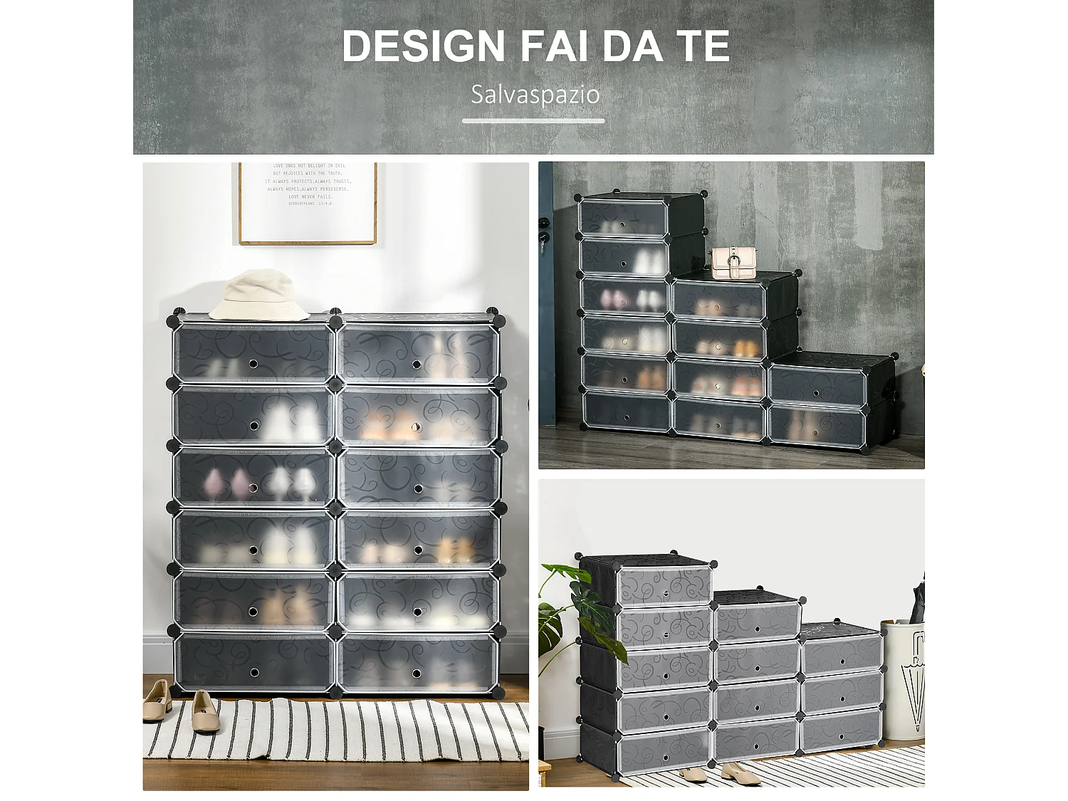 Mobile scarpiera modulabile salvaspazio 12 cubi in acciaio e pp