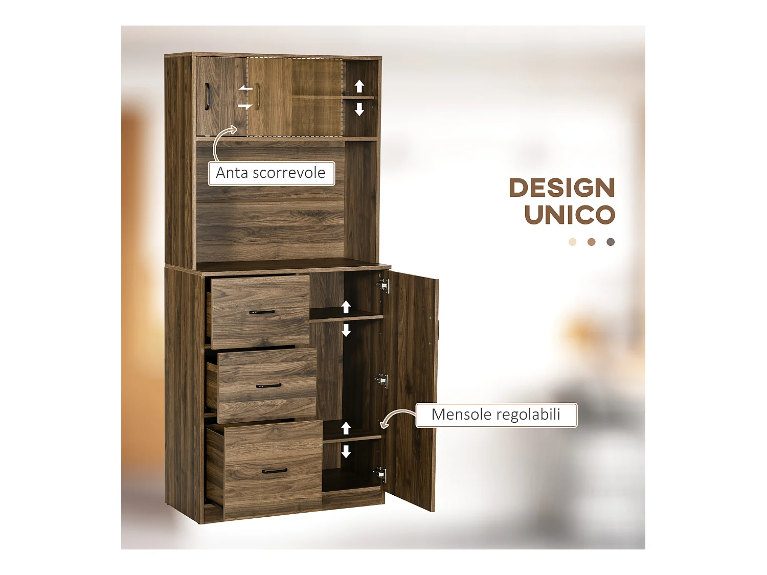 Credenza moderna con 3 cassetti e armadietti in legno