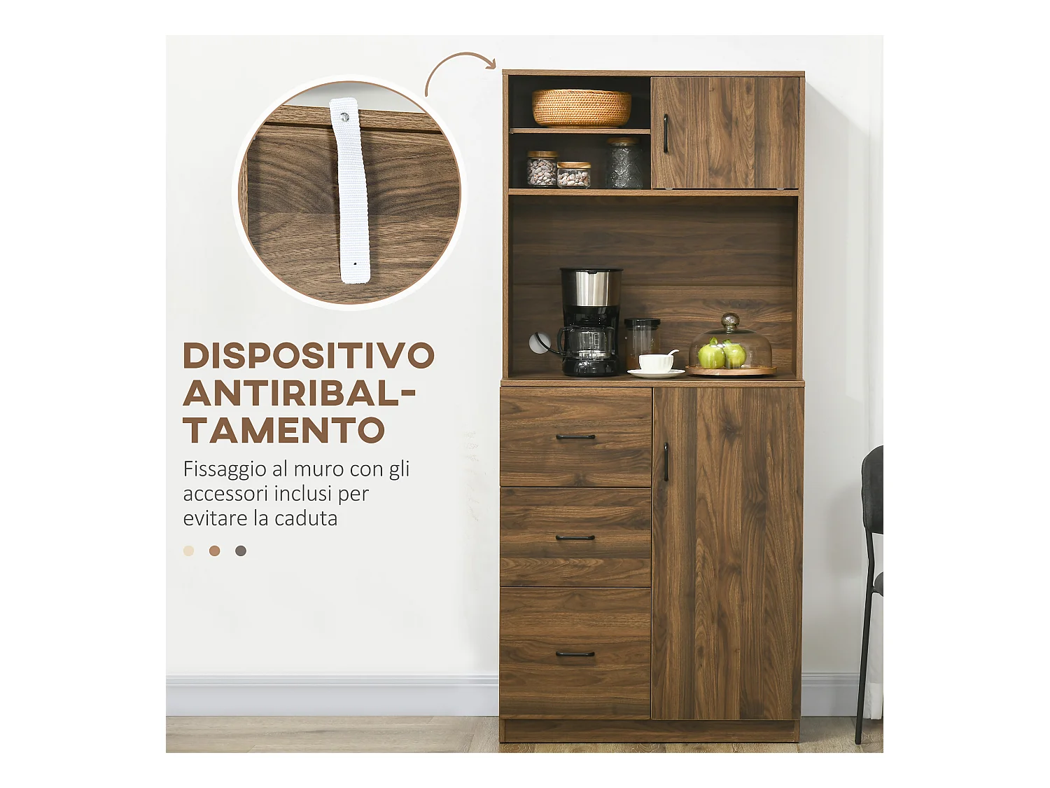 Credenza moderna con 3 cassetti e armadietti in legno