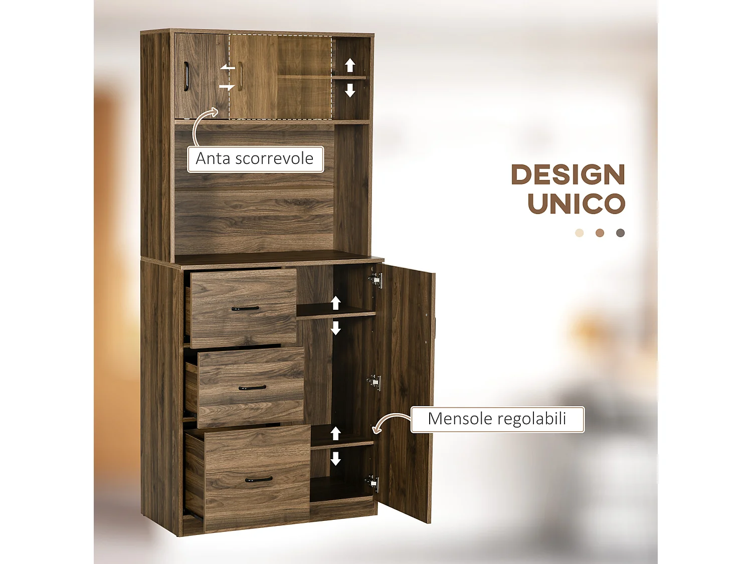 Credenza moderna con 3 cassetti e armadietti in legno