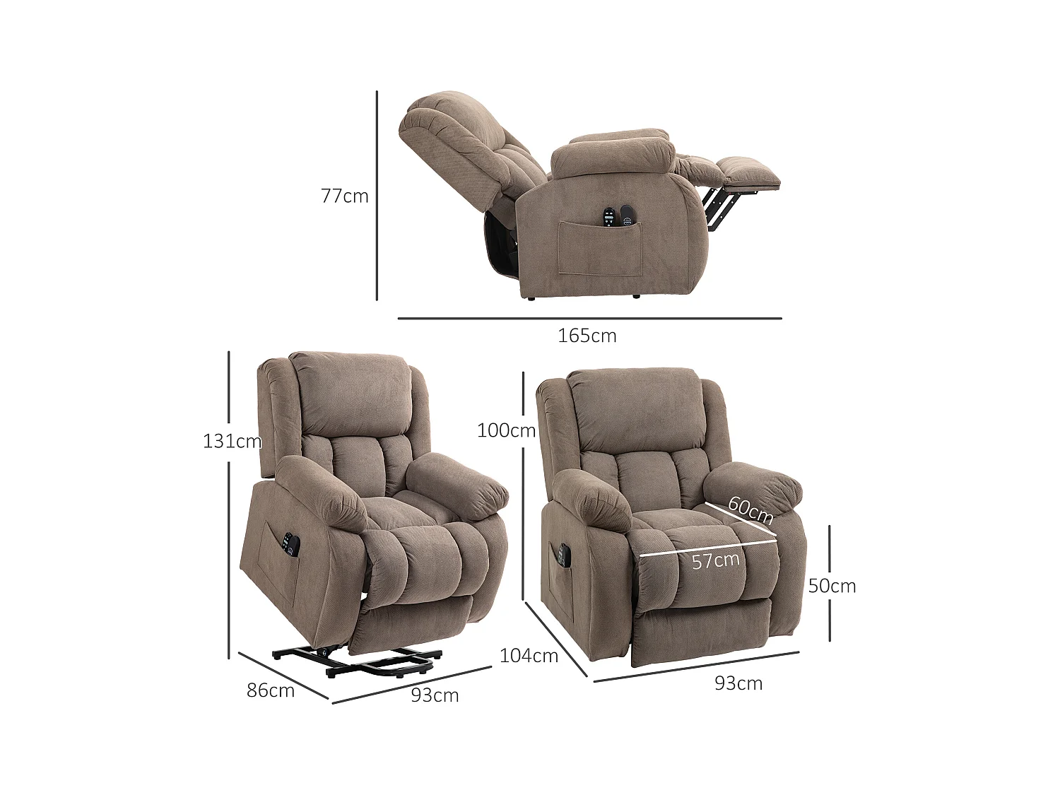 Poltrona alzapersona e reclinabile con 2 tasche e telecomando marrone