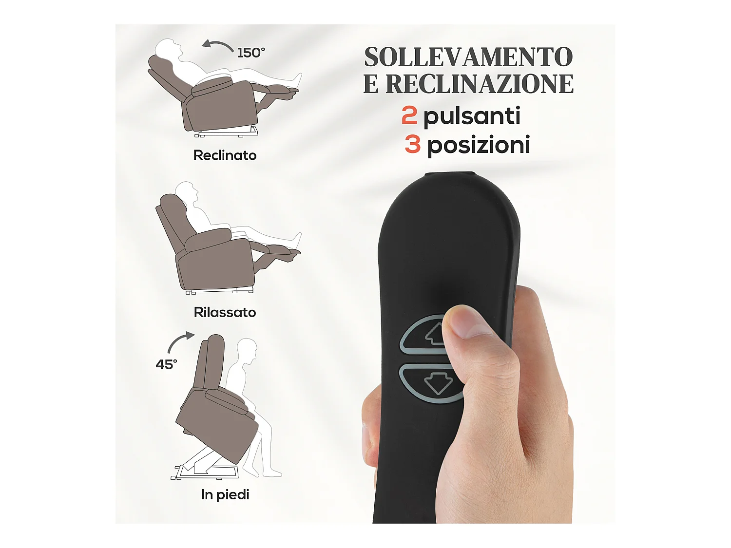 Poltrona alzapersona e reclinabile con 2 tasche e telecomando marrone