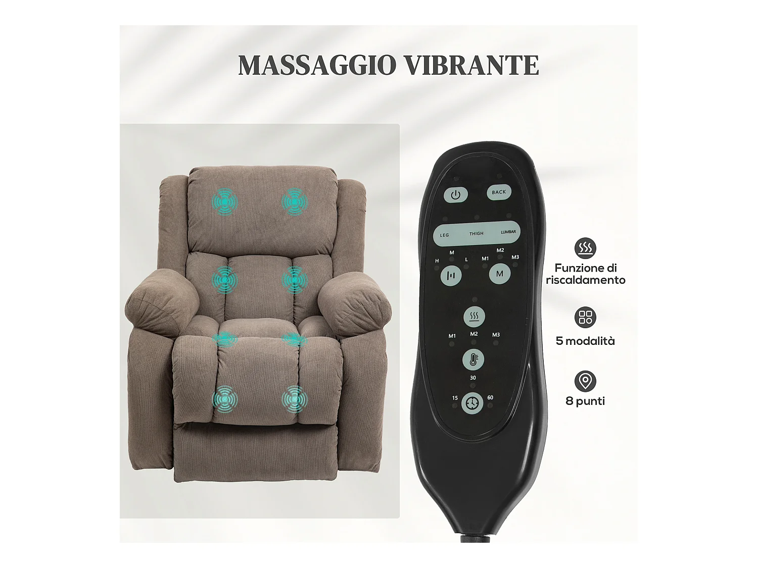 Poltrona alzapersona e reclinabile con 2 tasche e telecomando marrone