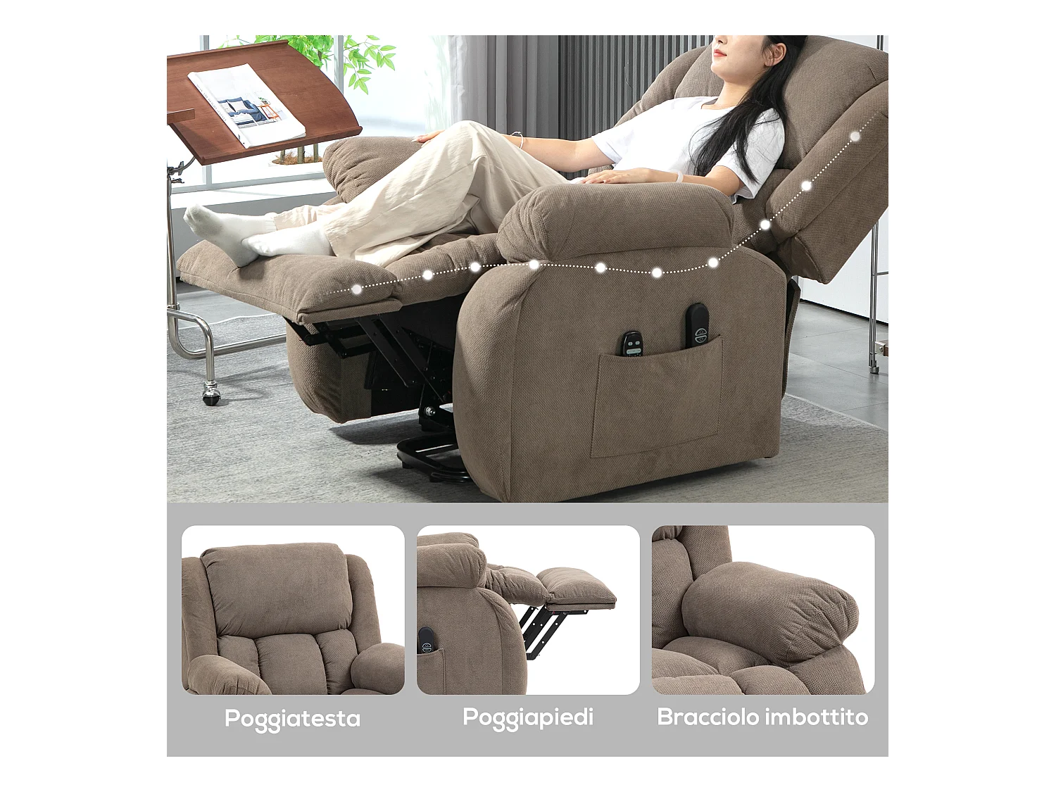 Poltrona alzapersona e reclinabile con 2 tasche e telecomando marrone