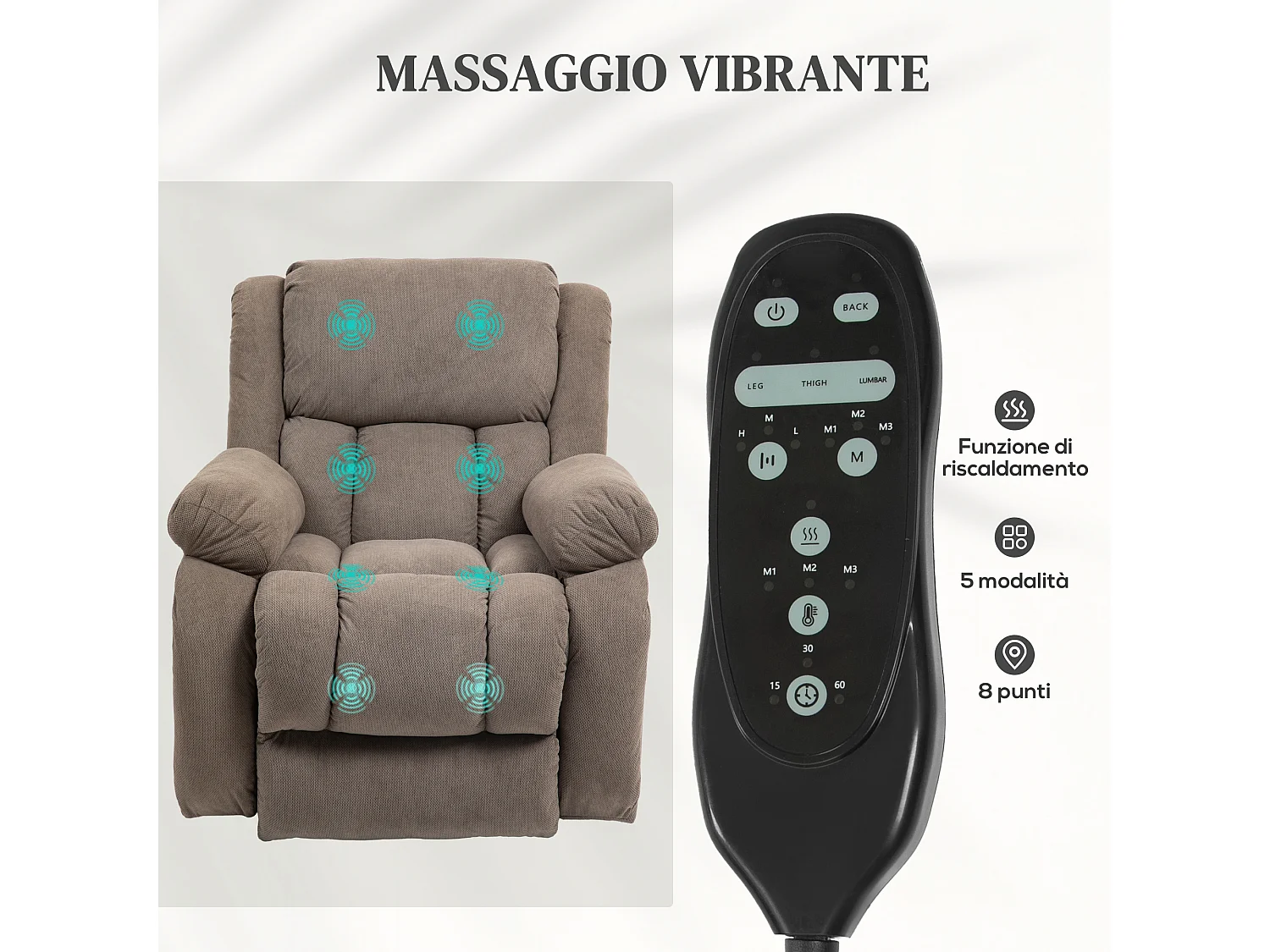 Poltrona alzapersona e reclinabile con 2 tasche e telecomando marrone