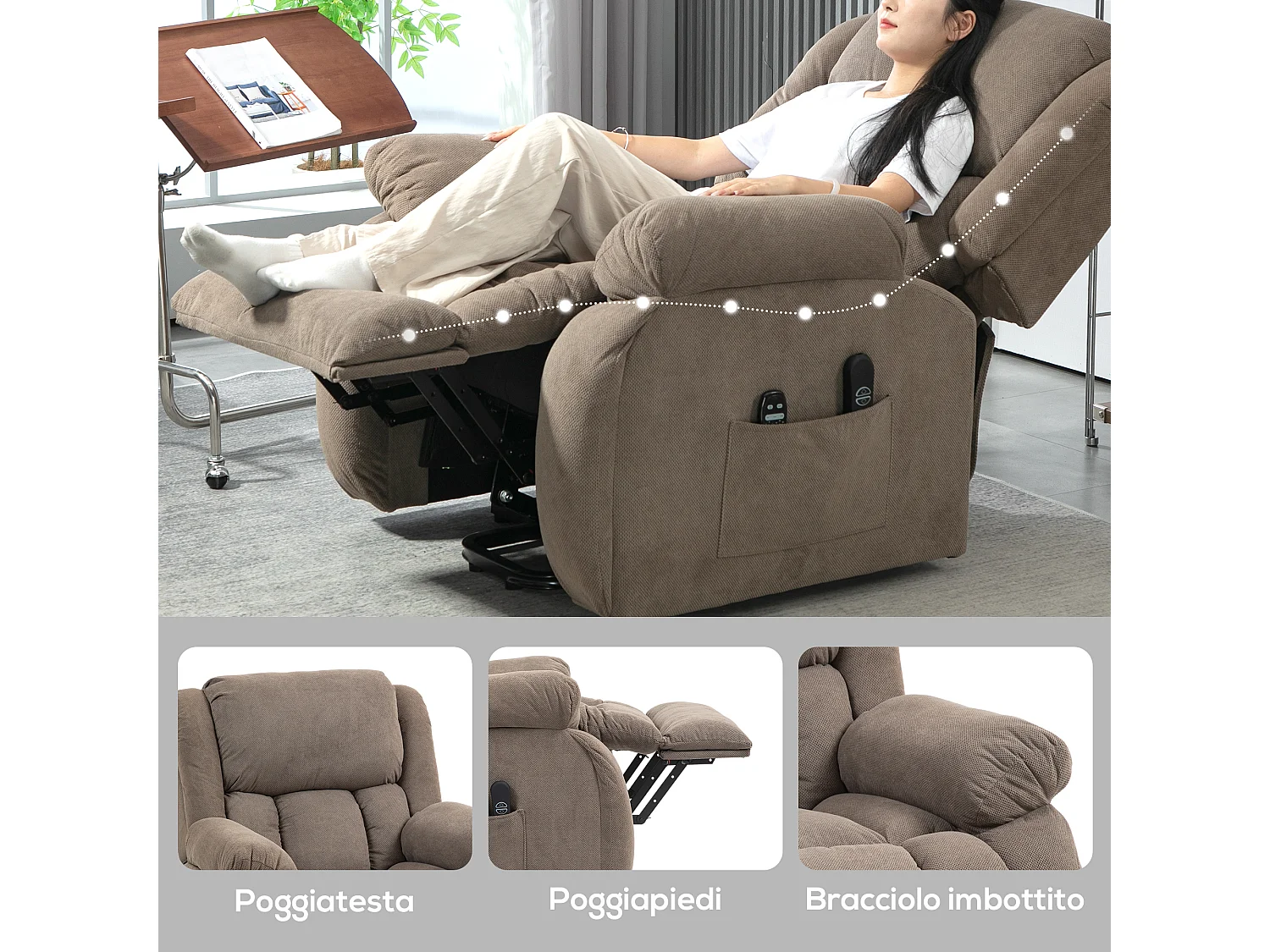Poltrona alzapersona e reclinabile con 2 tasche e telecomando marrone