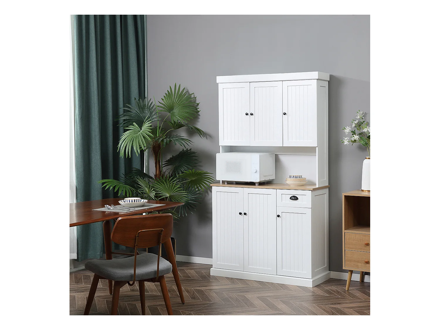 Mobile dispensa cucina con armadietti e cassetto in legno bianco