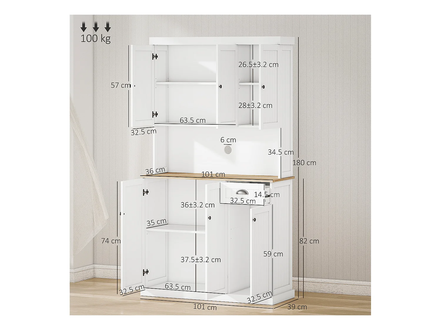 Mobile dispensa cucina con armadietti e cassetto in legno bianco