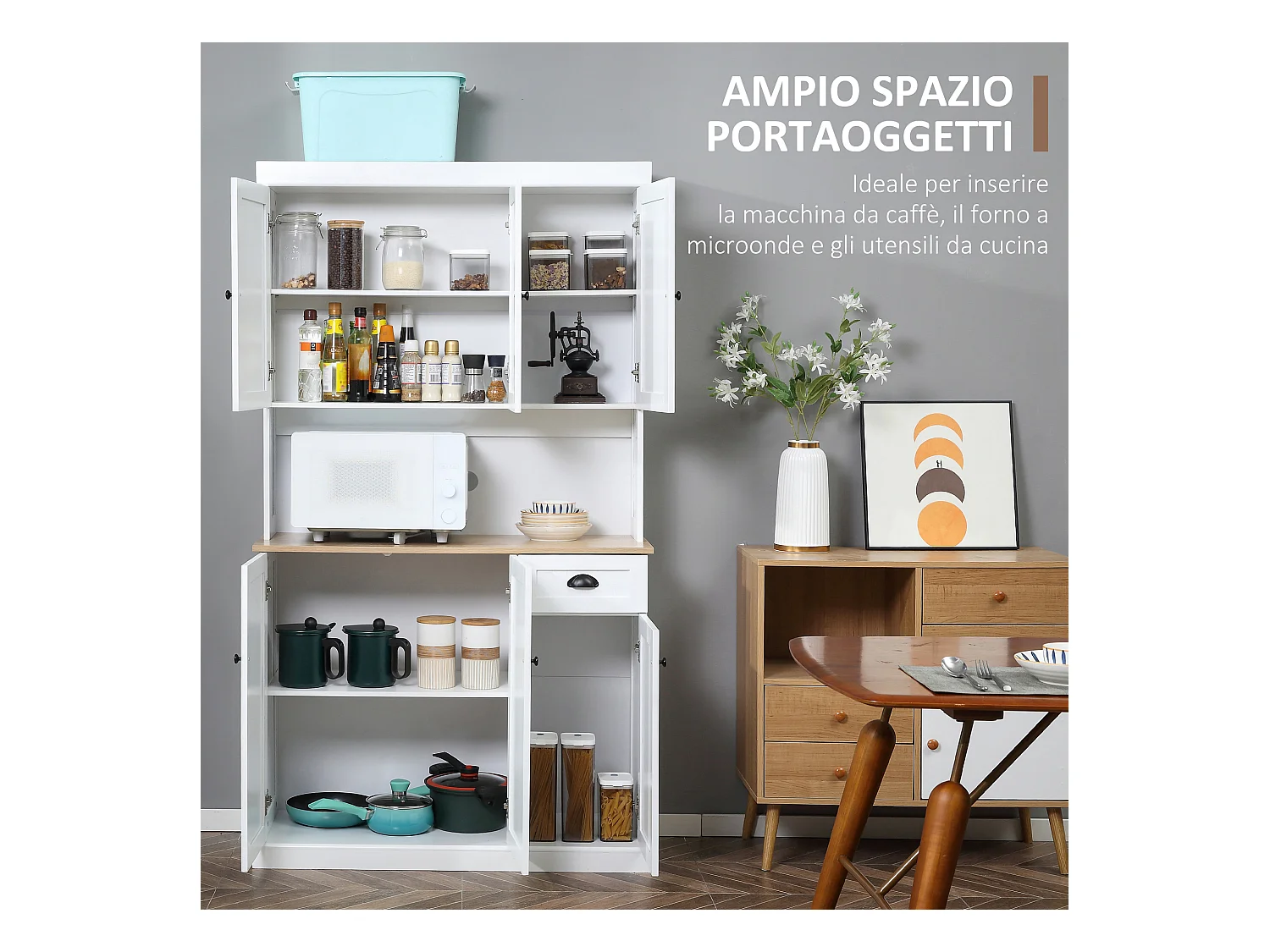 Mobile dispensa cucina con armadietti e cassetto in legno bianco