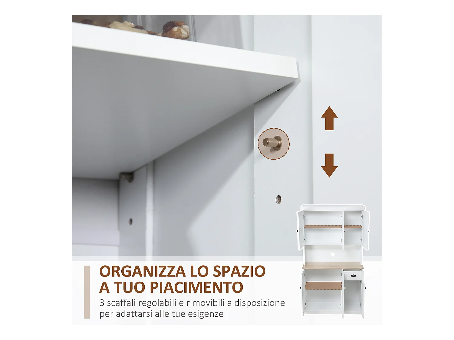 Mobile dispensa cucina con armadietti e cassetto in legno bianco