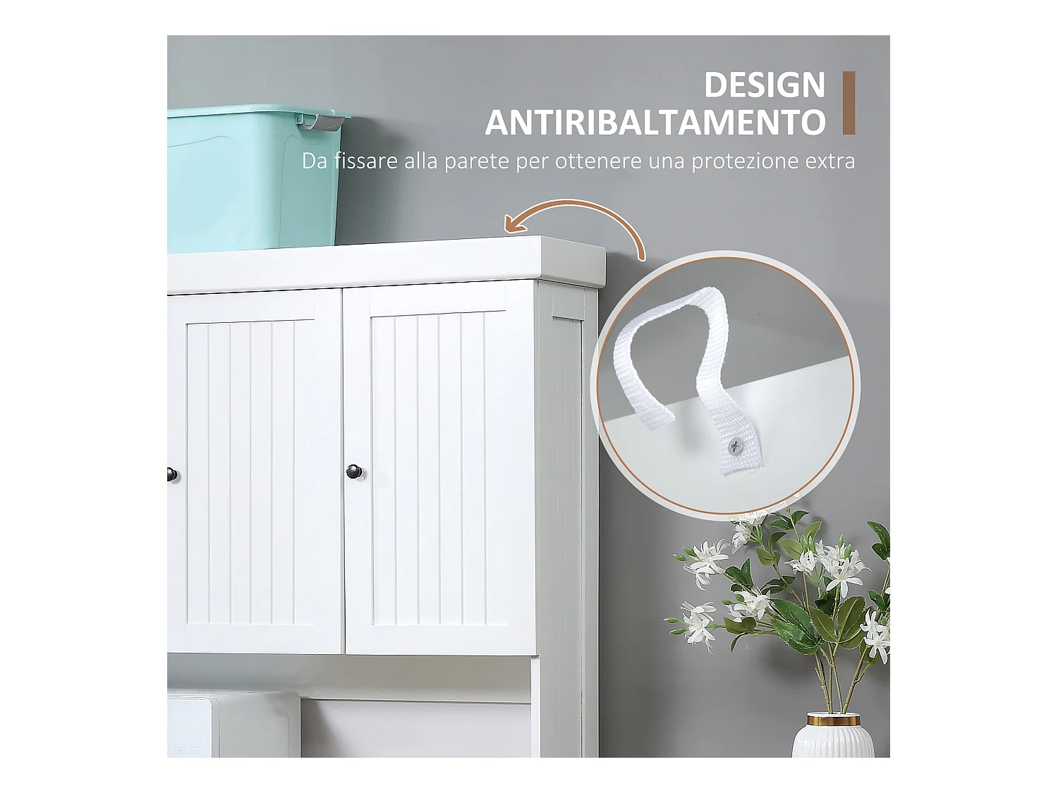 Mobile dispensa cucina con armadietti e cassetto in legno bianco