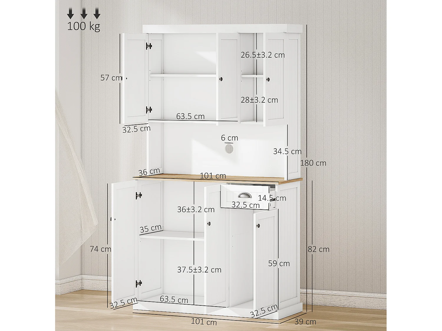 Mobile dispensa cucina con armadietti e cassetto in legno bianco