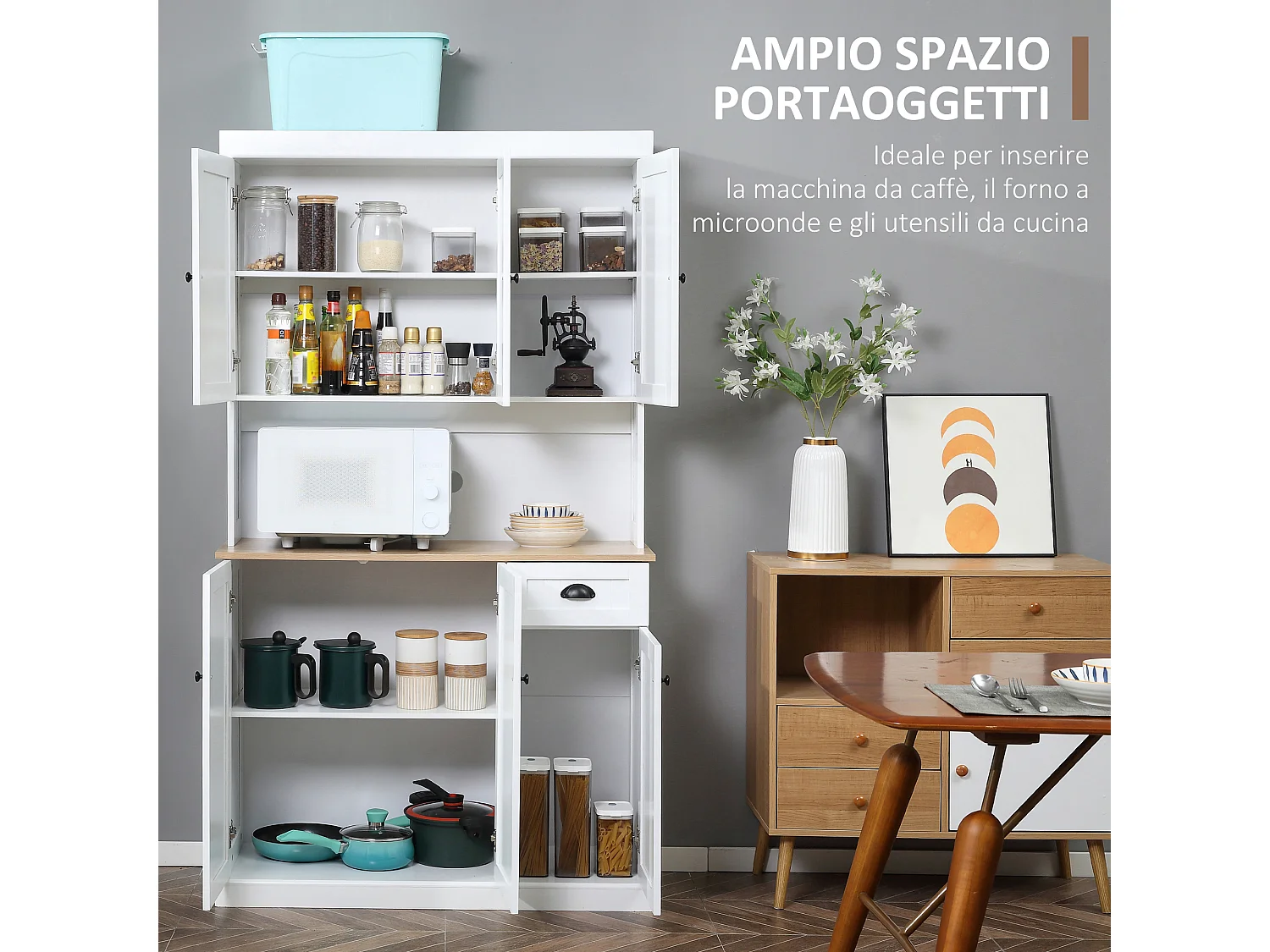 Mobile dispensa cucina con armadietti e cassetto in legno bianco