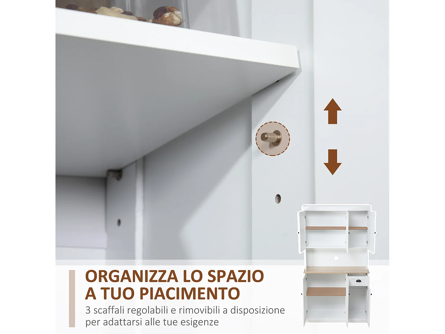 Mobile dispensa cucina con armadietti e cassetto in legno bianco