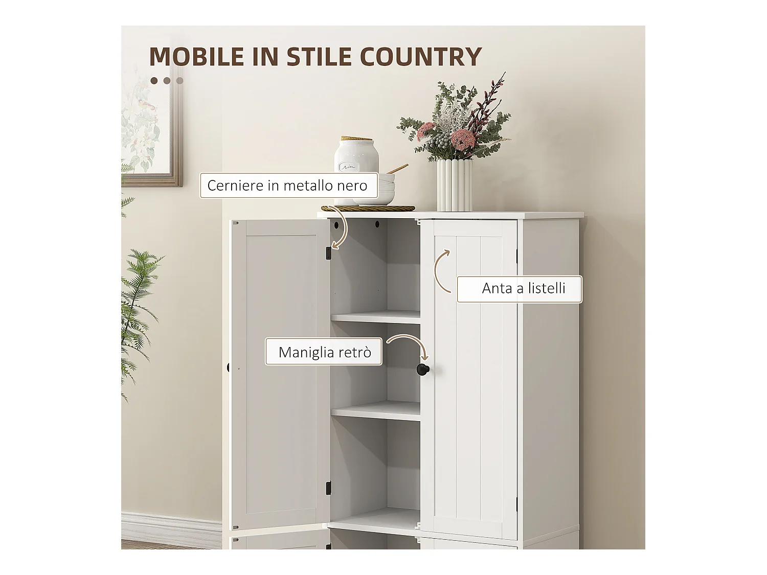 Credenza cucina con 2 armadietti e ripiano regolabile bianco